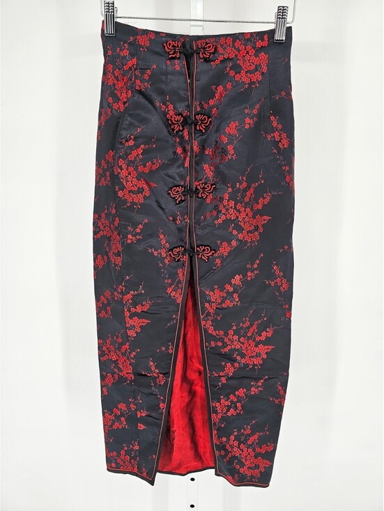 Dresses & Skirts - Vintage Y2K black and red floral cheongsam Pencil Skirt Maxi Length Satin Sz S